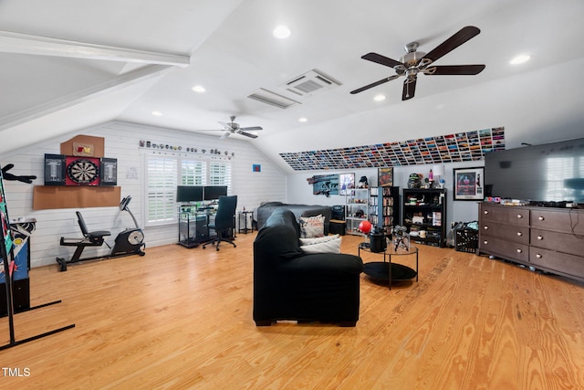 1824 Ferrell Meadows Dr, Zebulon, NC 27597 - living area featuring ceiling fan, wood finished floors, vaulted ceiling, recessed lighting, and a desk