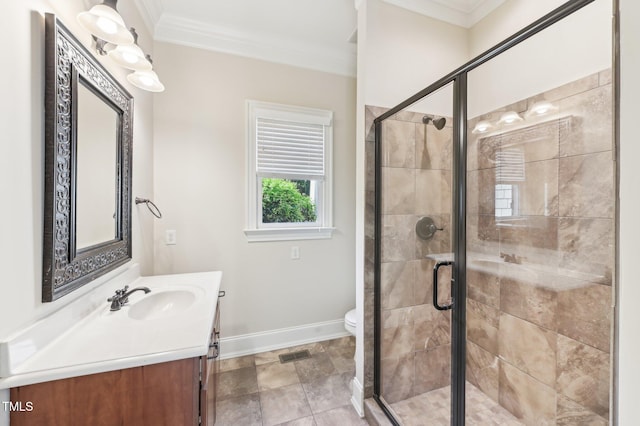 528 Bankhead Dr, Cary, NC 27519 - full bath with vanity, ornamental molding, and a shower stall