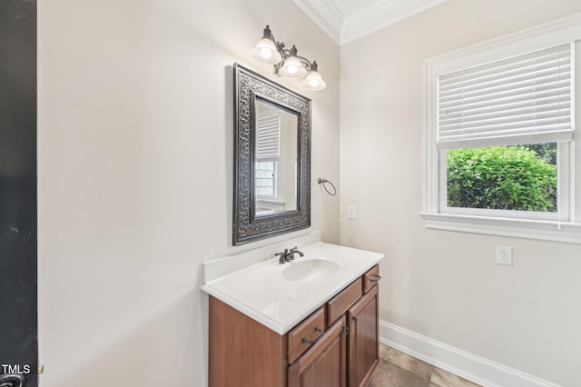 528 Bankhead Dr, Cary, NC 27519 - bathroom with vanity and ornamental molding