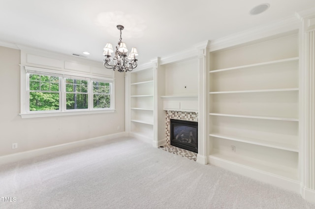 528 Bankhead Dr, Cary, NC 27519 - unfurnished living room with a chandelier, carpet floors, and a fireplace