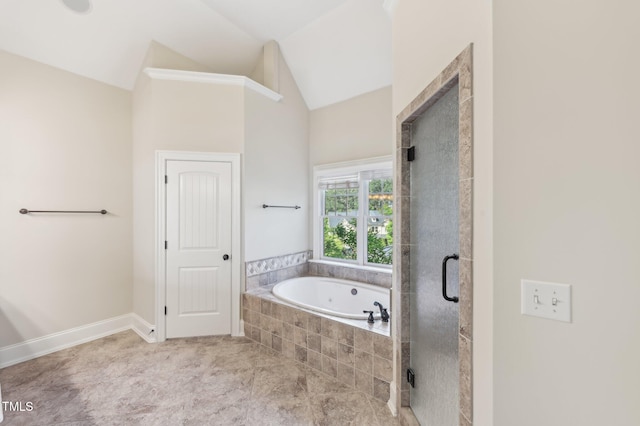 528 Bankhead Dr, Cary, NC 27519 - full bathroom with a garden tub, vaulted ceiling, and a stall shower