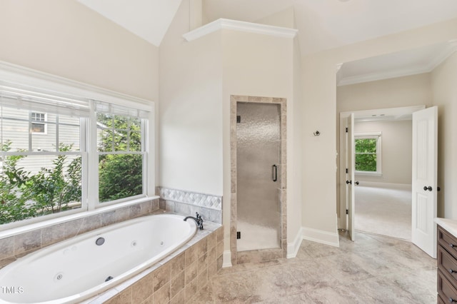 528 Bankhead Dr, Cary, NC 27519 - full bath with vanity, a whirlpool tub, a stall shower, and lofted ceiling
