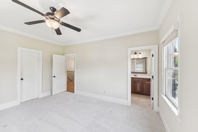 528 Bankhead Dr, Cary, NC 27519 - unfurnished bedroom with crown molding, light colored carpet, multiple windows, ensuite bath, and a ceiling fan