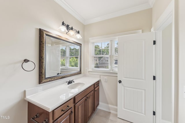 528 Bankhead Dr, Cary, NC 27519 - bathroom featuring vanity, crown molding, and tile patterned floors