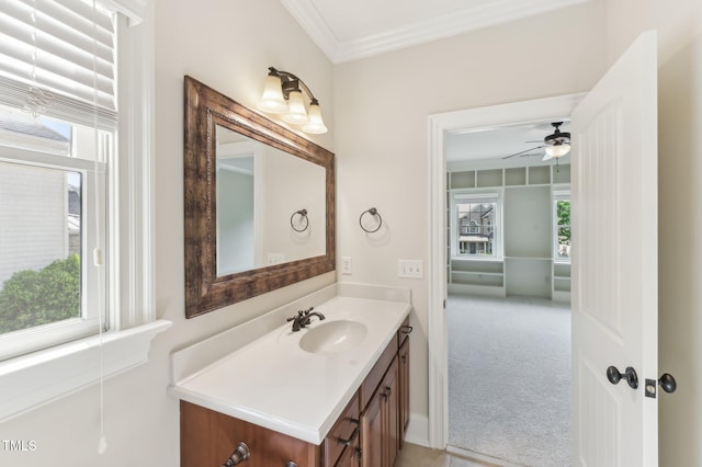 528 Bankhead Dr, Cary, NC 27519 - bathroom featuring healthy amount of natural light, ornamental molding, vanity, and a ceiling fan