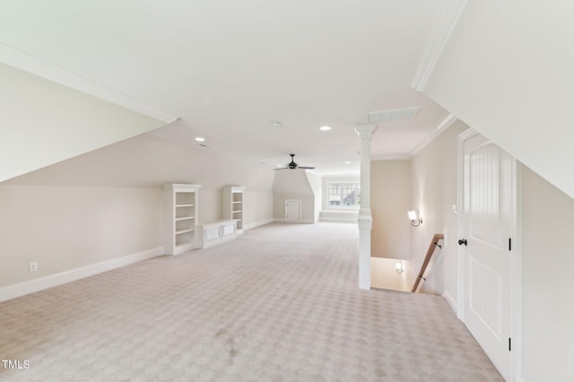528 Bankhead Dr, Cary, NC 27519 - additional living space featuring light colored carpet, ceiling fan, recessed lighting, lofted ceiling, and decorative columns