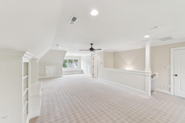 528 Bankhead Dr, Cary, NC 27519 - additional living space featuring ornate columns, light carpet, a ceiling fan, recessed lighting, and vaulted ceiling