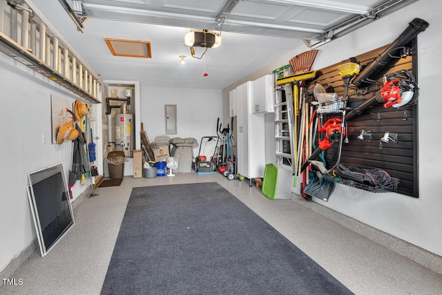 5 Ocean Ct, Durham, NC 27704 - garage featuring electric panel, a garage door opener, and gas water heater