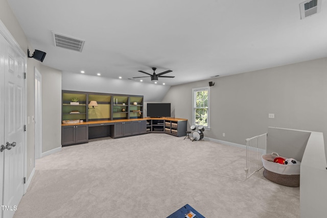 7908 Mayapple Pl, Raleigh, NC 27613 - playroom featuring carpet floors, ceiling fan, recessed lighting, vaulted ceiling, and built in study area