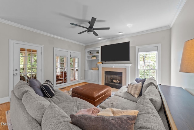 7908 Mayapple Pl, Raleigh, NC 27613 - living room with plenty of natural light, wood finished floors, ornamental molding, a ceiling fan, and a fireplace