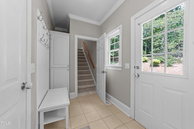 7908 Mayapple Pl, Raleigh, NC 27613 - mudroom with crown molding and light tile patterned floors