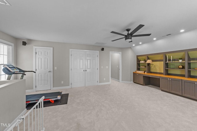 7908 Mayapple Pl, Raleigh, NC 27613 - exercise area featuring ceiling fan, built in study area, recessed lighting, and carpet
