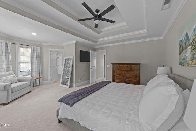 7908 Mayapple Pl, Raleigh, NC 27613 - bedroom featuring carpet, ornamental molding, a tray ceiling, and a ceiling fan