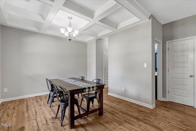 205 Willow Ridge Dr, Louisburg, NC 27549 - dining room featuring a chandelier, light wood-type flooring, beam ceiling, and coffered ceiling