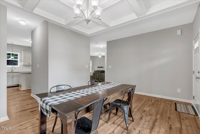 205 Willow Ridge Dr, Louisburg, NC 27549 - dining room featuring light wood-type flooring, coffered ceiling, a chandelier, and beam ceiling