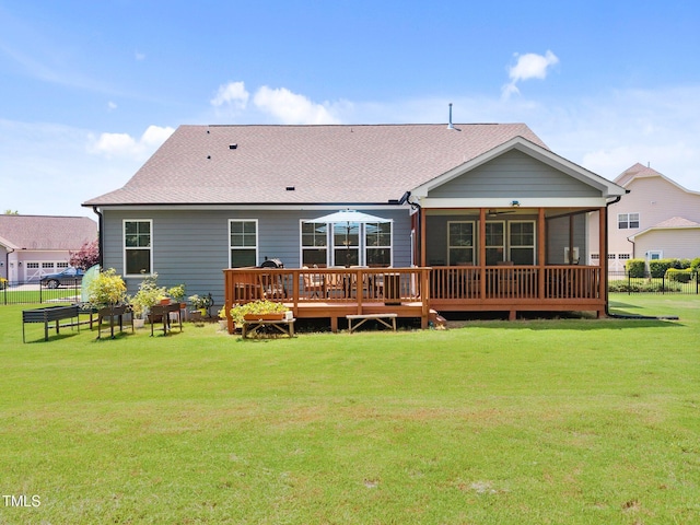 8713 Halsey Ln, Wake Forest, NC 27587 - rear view of property with a sunroom, roof with shingles, and a wooden deck