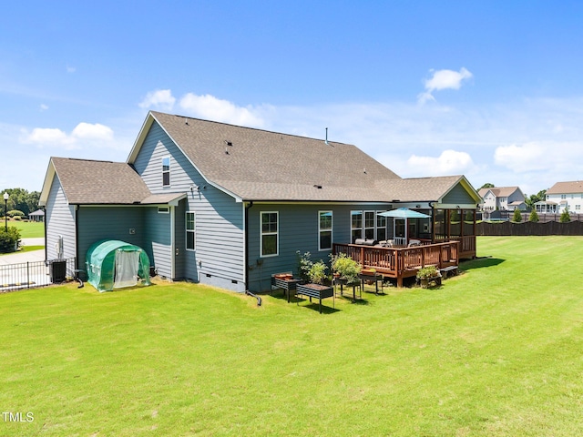8713 Halsey Ln, Wake Forest, NC 27587 - back of property with crawl space, a shingled roof, and a deck