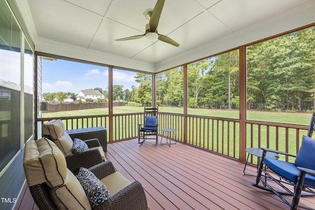 8713 Halsey Ln, Wake Forest, NC 27587 - sunroom with ceiling fan and view of wooded area