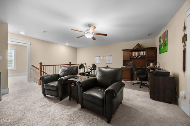 8713 Halsey Ln, Wake Forest, NC 27587 - home theater with light colored carpet, ceiling fan, and recessed lighting