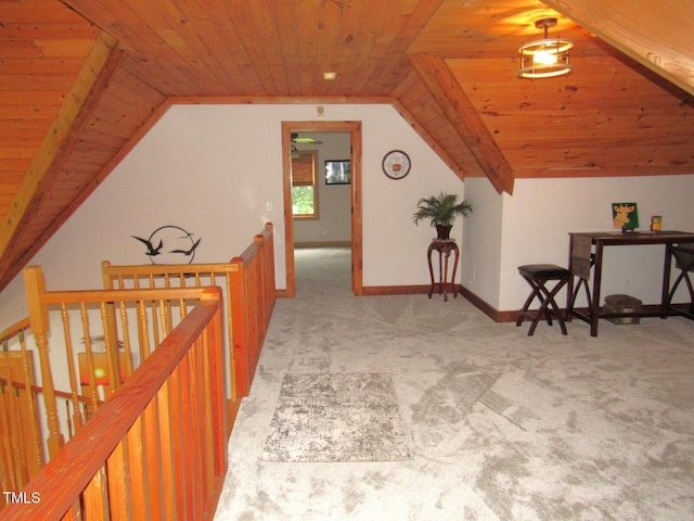 1159 Flemingtown Rd, Henderson, NC 27537 - corridor with wooden ceiling, carpet floors, vaulted ceiling, and an upstairs landing