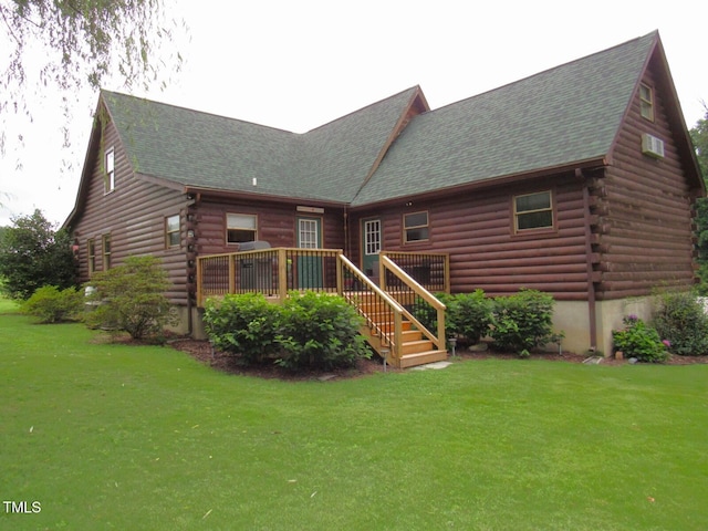 1159 Flemingtown Rd, Henderson, NC 27537 - rear view of house with log siding, a wooden deck, roof with shingles, and a yard