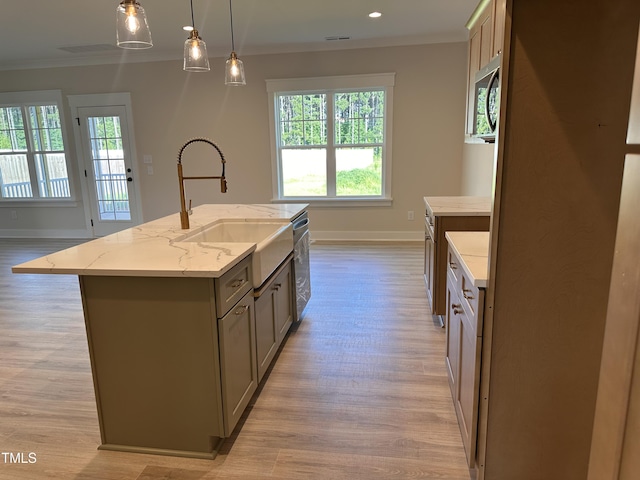 141 Noramac Ct, Selma, NC 27576 - kitchen featuring ornamental molding, light wood finished floors, stainless steel appliances, plenty of natural light, and gray cabinets
