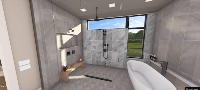 6804 Brixley Cir, Raleigh, NC 27614 - full bath with a walk in shower, a soaking tub, and tile walls