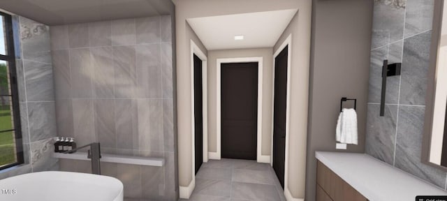 6804 Brixley Cir, Raleigh, NC 27614 - bathroom with a freestanding tub, tile patterned floors, and healthy amount of natural light