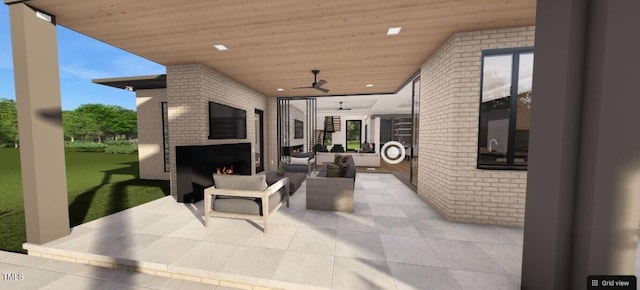 6804 Brixley Cir, Raleigh, NC 27614 - view of patio / terrace featuring an outdoor living space with a fireplace and a ceiling fan