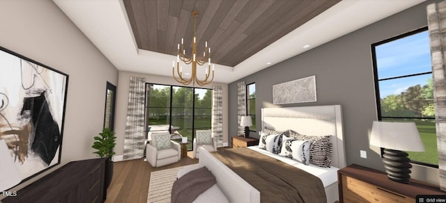 6804 Brixley Cir, Raleigh, NC 27614 - bedroom with a chandelier, a raised ceiling, wood finished floors, and wood ceiling