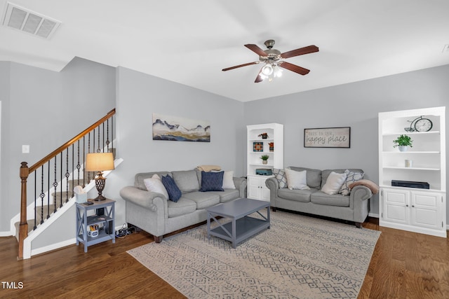 3716 Landshire View Ln, Raleigh, NC 27616 - living area with wood finished floors, ceiling fan, and stairs
