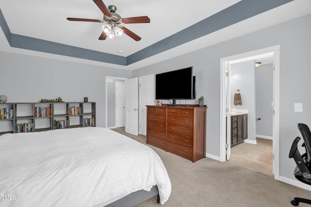 3716 Landshire View Ln, Raleigh, NC 27616 - bedroom featuring carpet, a tray ceiling, and a ceiling fan
