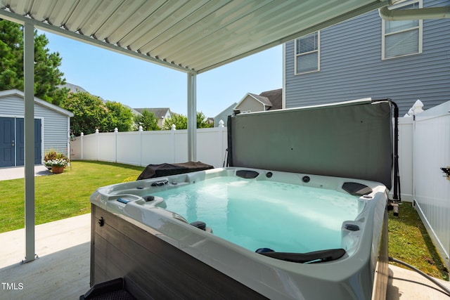 3716 Landshire View Ln, Raleigh, NC 27616 - view of patio / terrace with a hot tub and a storage unit