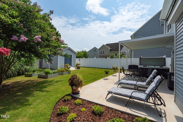 3716 Landshire View Ln, Raleigh, NC 27616 - fenced backyard featuring a patio, an outdoor structure, a garden, and outdoor dining space