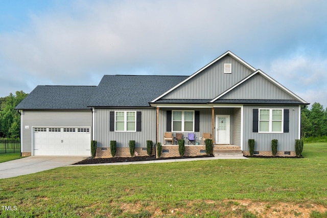 9448 S Beaver Creek Way, Middlesex, NC 27557 - view of front of property with a porch, a garage, a shingled roof, concrete driveway, and crawl space