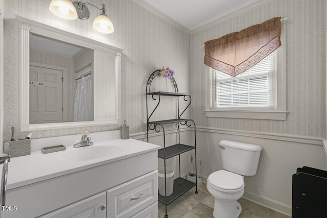 216 S Faison Ave, Faison, NC 28341 - bathroom featuring vanity, ornamental molding, and wallpapered walls