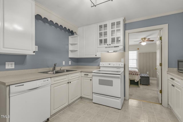 216 S Faison Ave, Faison, NC 28341 - kitchen with white appliances, under cabinet range hood, white cabinetry, and crown molding