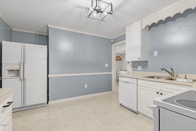 216 S Faison Ave, Faison, NC 28341 - kitchen featuring white appliances, ornamental molding, white cabinetry, light countertops, and a chandelier