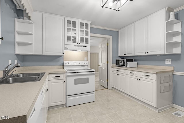 216 S Faison Ave, Faison, NC 28341 - kitchen with open shelves, white electric range, under cabinet range hood, white cabinetry, and crown molding