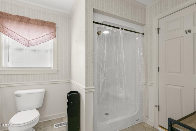 216 S Faison Ave, Faison, NC 28341 - full bathroom with wallpapered walls, curtained shower, ornamental molding, tile patterned flooring, and a wainscoted wall