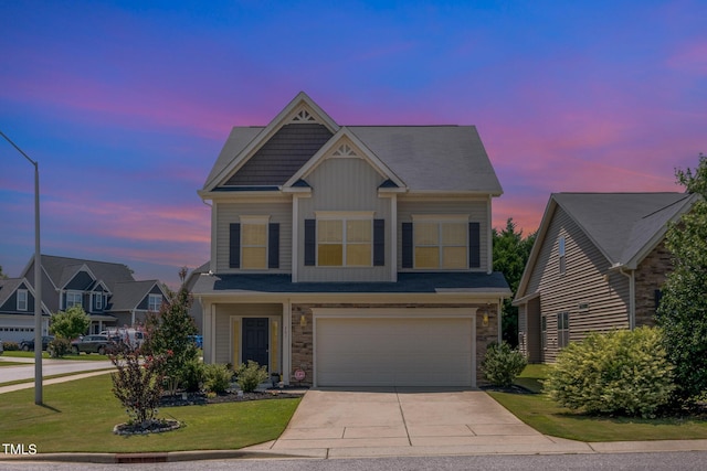 701 Laurel Spring Dr, Fuquay Varina, NC 27526 - craftsman inspired home with driveway, stone siding, a garage, and a lawn