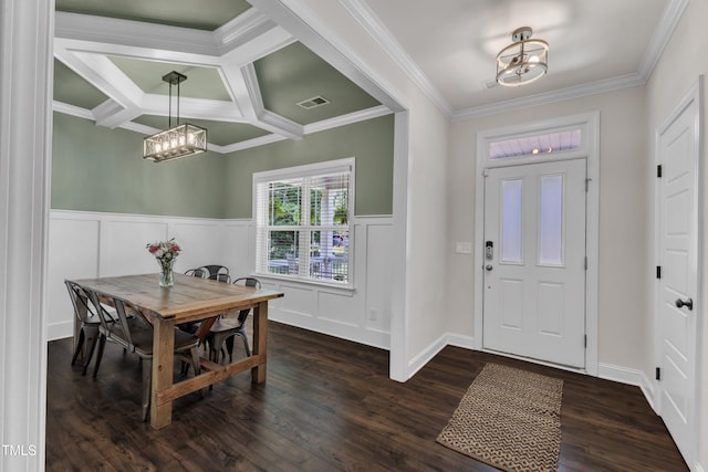 1725 River Club Way, Franklinton, NC 27525 - foyer featuring a chandelier, dark wood-style flooring, ornamental molding, coffered ceiling, and a wainscoted wall
