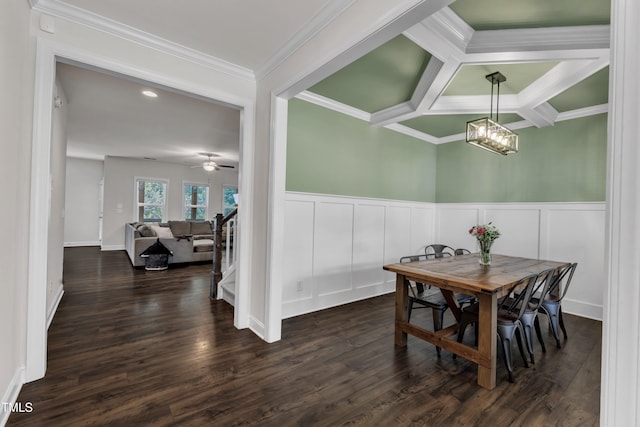 1725 River Club Way, Franklinton, NC 27525 - dining space featuring ornamental molding, wainscoting, a decorative wall, coffered ceiling, and dark wood finished floors