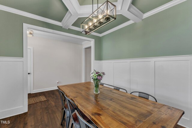 1725 River Club Way, Franklinton, NC 27525 - dining room featuring a chandelier, a wainscoted wall, ornamental molding, dark wood-style flooring, and coffered ceiling