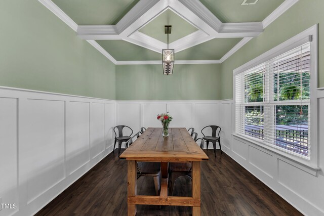 1725 River Club Way, Franklinton, NC 27525 - dining area featuring a decorative wall, ornamental molding, coffered ceiling, wainscoting, and dark wood-style flooring