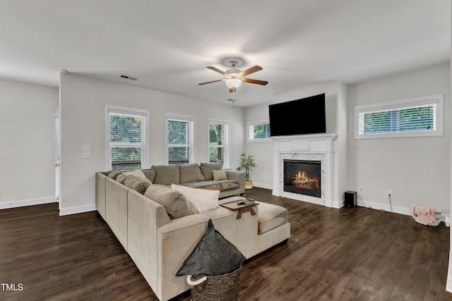 1725 River Club Way, Franklinton, NC 27525 - living room with ceiling fan, a premium fireplace, and dark wood-style flooring