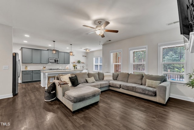 1725 River Club Way, Franklinton, NC 27525 - living area with ceiling fan, dark wood-type flooring, and recessed lighting