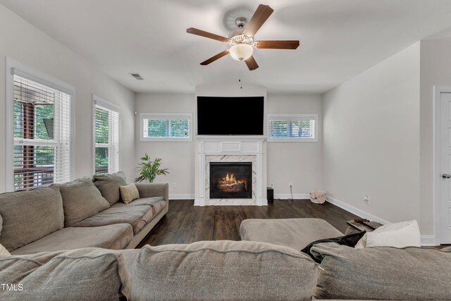 1725 River Club Way, Franklinton, NC 27525 - living area featuring healthy amount of natural light, a ceiling fan, a fireplace, and dark wood-style floors