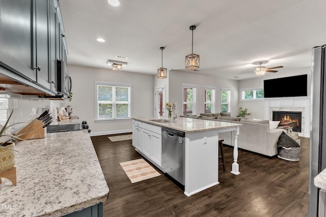 1725 River Club Way, Franklinton, NC 27525 - kitchen with stainless steel appliances, a ceiling fan, a high end fireplace, open floor plan, and recessed lighting