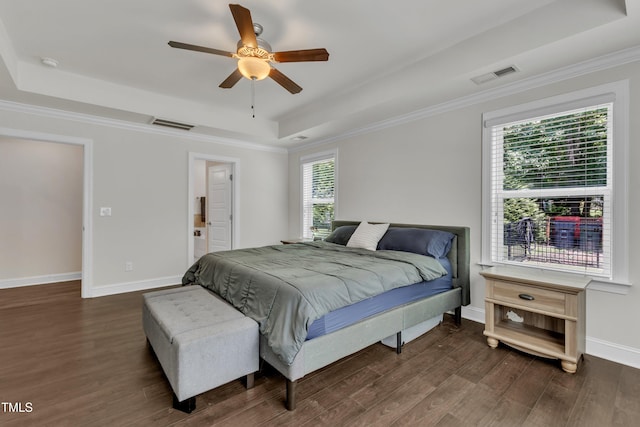 1725 River Club Way, Franklinton, NC 27525 - bedroom featuring a tray ceiling, dark wood-style flooring, crown molding, and a ceiling fan